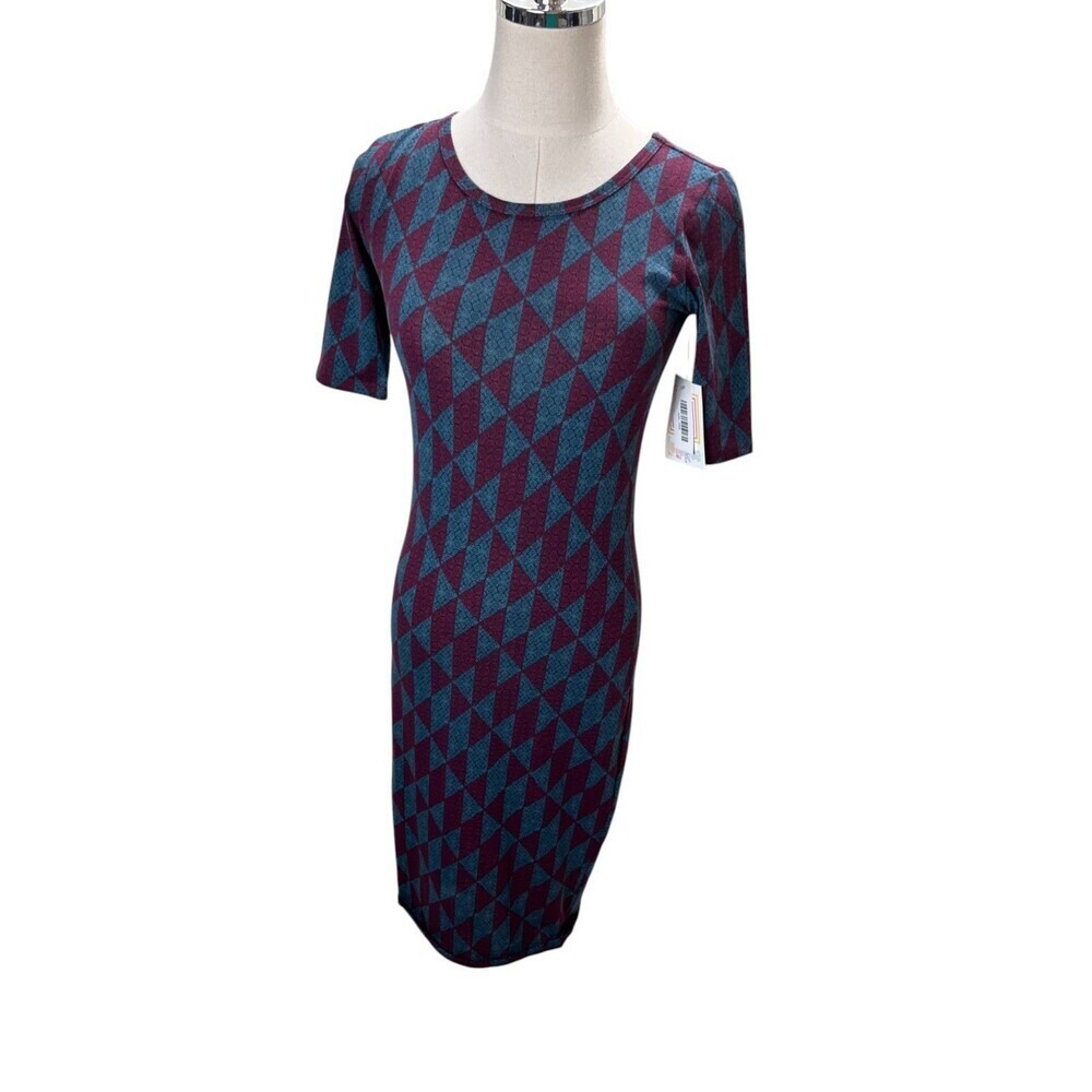 LuLaRoe Dress Women's Size XXS Purple Blue Geometric Midi Short Sleeve Bodycon
